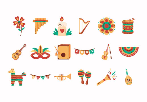 Colorful Hispanic Heritage Cultural Icons Set