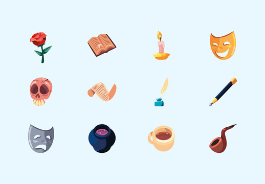 Colorful Literary Poetic Elements Illustration Set