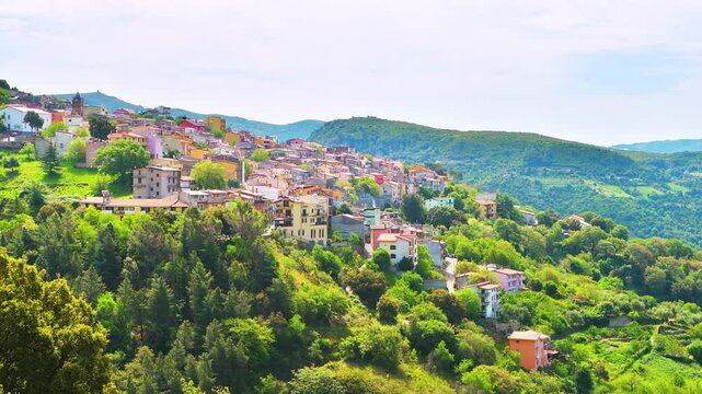 Seulo, Sardinia small mountain village town of Seulu at sunrise in Italy, beautiful scenic landscape of longevity blue zone