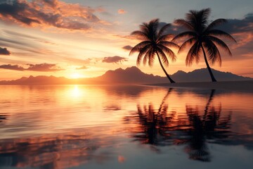 A 3D-rendered depiction of a tropical beach at sunset, with detailed palm trees swaying gently in the breeze and vibrant reflections on the water