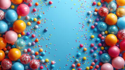 Colorful balloons and sprinkles on a vibrant blue background
