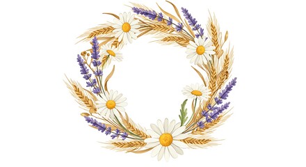 Floral Wreath with Daisies Lavender and Wheat Watercolor Illustration
