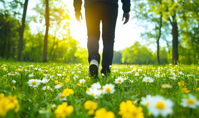 Person Walking Through a Field of Flowers in Sunny Nature Scene
