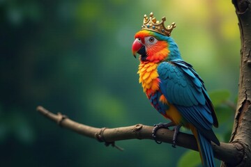 Obraz premium Ornate crown perched on branch, Nature Illustration, Tree Branch, Bird Silhouette
