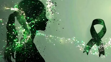 green awareness ribbon and silhouette of human head with brain on solid light green background . World mental health day concept