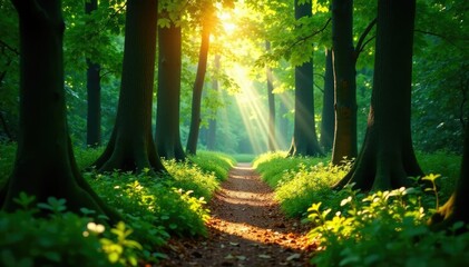 Obraz premium Lush forest walkway with sunlight filtering through, nature, trees