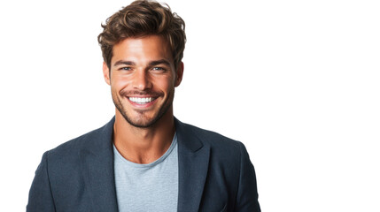 Fototapeta premium Confident young man smiling, wearing a blazer on a white isolate background.