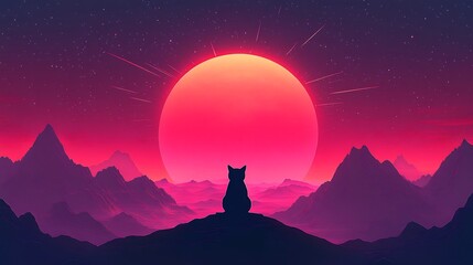 Fototapeta premium Silhouetted cat calmly observes vibrant sunset over majestic mountains dreamy pink hues. AI Generated