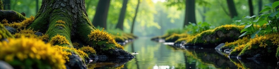 Fototapeta premium ?rboles cubiertos de hongos y lichen con ruido en fondo, agua, bosque, naturaleza