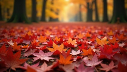 Red maple leaves scattered on forest floor in autumn, nature, fall