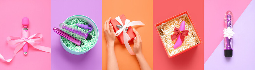 Set of sex toys as gifts on color background, top view