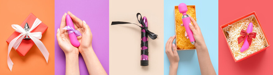 Set of sex toys as gifts on color background, top view