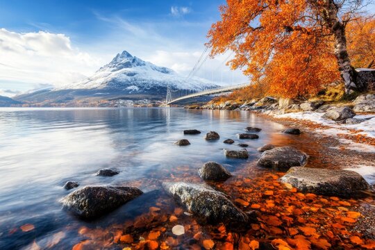 A cable bridge spanning across a fjord, with snow-capped peaks and clear, blue water creating a dramatic backdrop