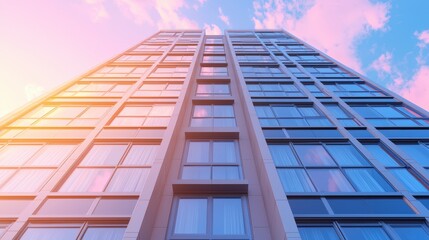 Obraz premium Modern Skyscraper Facade Sunset City Building Exterior Glass Windows Urban Architecture
