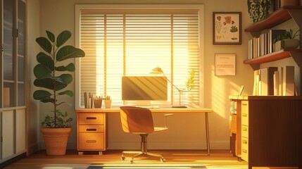Cozy and Bright Home Office with Modern Desk and Stylish Decor Bathed in Warm Natural Light During Sunset Hours