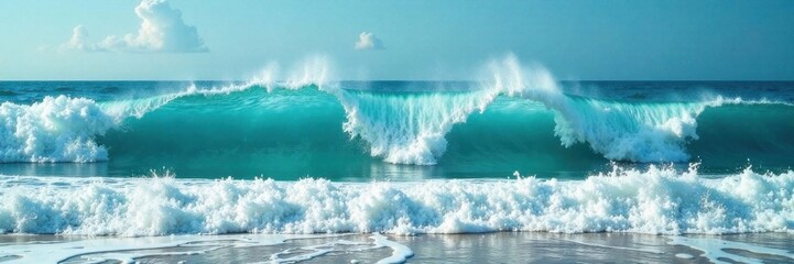 Fototapeta premium Powerful blue-green surf crashes against the shoreline at high tide, surf, blue, green