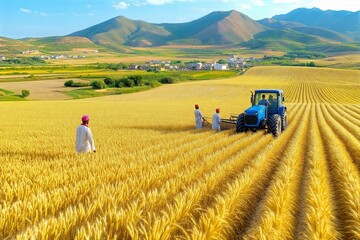 Naklejka premium Farmers harvesting wheat in a golden field with a tractor and mountains in the background
