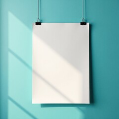Poster hangs on clip, frame, wall background soft focus , hanging, cozy interior