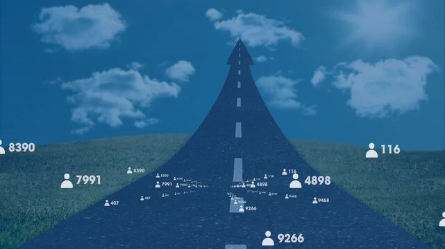 Animation showing upward arrow road with user icons and numbers scattered