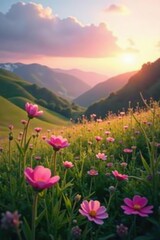 Soft pink hues illuminate the meadow as morning light creeps over the hills, dawn, nature, flowers