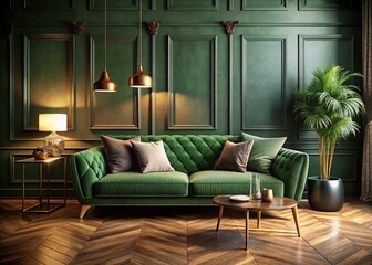 Modern Green Sofa Living Room, Dark Gray Walls, Wood Floor, Vintage Style - 3D Render