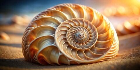 Obraz premium Golden Spiral Shell on Sandy Beach at Sunset A Detailed Macro View of Nature's Geometry