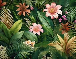 dense jungle foliage in earthy tones with large leafy greens and vibrant flowers forming a seamless pattern on a natural texture background organic greenery