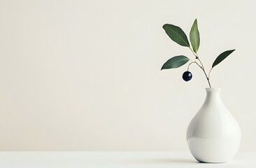 Single Olive Branch in White Vase Minimalist Still Life