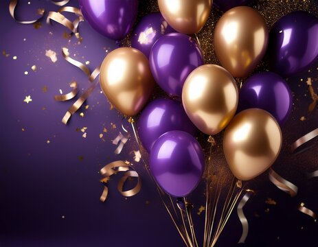 purple and gold celebration balloons with confetti on dark background - Powered by Adobe