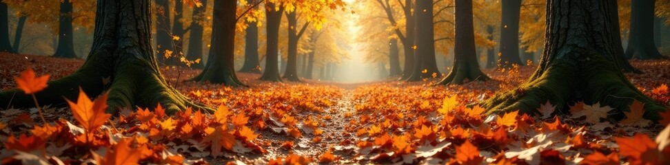 The forest floor is blanketed with a layer of fallen leaves, forest landscape, autumn forest floor leaf carpet
