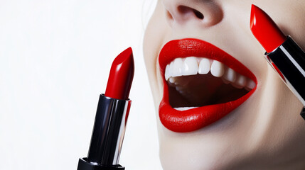 Obraz premium Bold red lipstick on a smiling woman's mouth with bright white teeth, emphasizing glamour and elegance. High-fashion beauty aesthetic