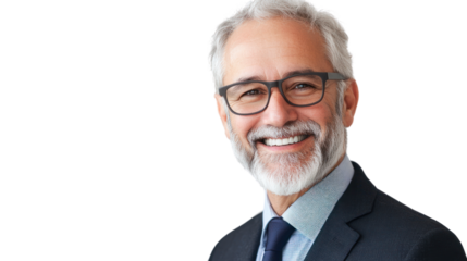 Smiling senior businessman wearing glasses in suit, isolated on white background.