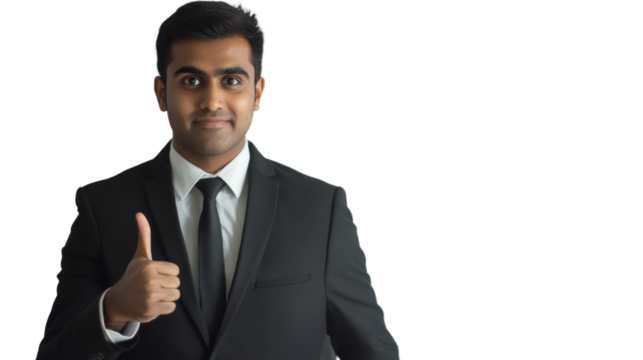 Confident businessman showing thumbs up gesture against isolated background.