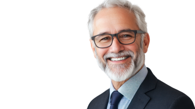 Smiling senior businessman wearing glasses in suit, isolated on white background.