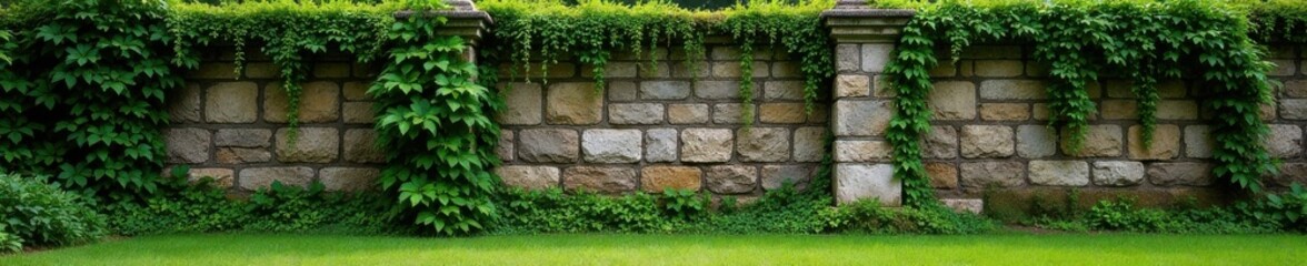 Rough stone walls with overgrown ivy and moss, grunge, stone