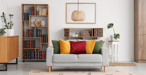 Interior of living room with sofa and book shelves near white wall