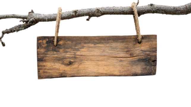 Wooden sign hanging from a branch with twine, isolated on white background for creative design use.