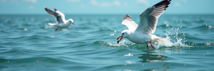 Fototapeta premium Seagulls diving into the water to catch fish, ocean, seagull, dive