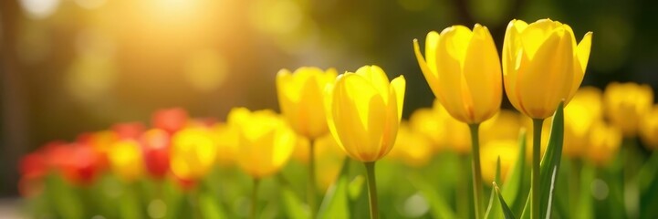 Yellow tulips sway gently in the warm sunlight, spring garden, sunlit garden, blooming flowers