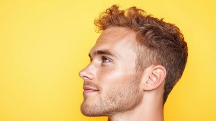 Obraz premium Young Man Profile Yellow Background Hairstyle Fashion Portrait