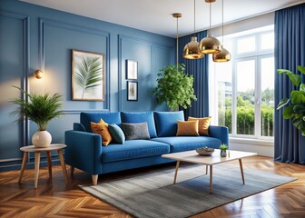Modern Living Room Interior Design with Blue Sofa - 3D Rendering