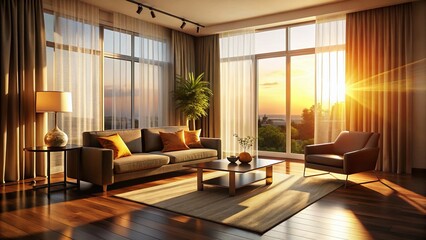 Fototapeta premium Modern Living Room Silhouette: Colorful Curtains & Window Light