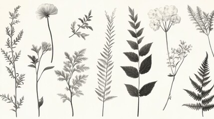 A collection of vintage botanical sketches showcasing delicate plant stems, flowers, and ferns.