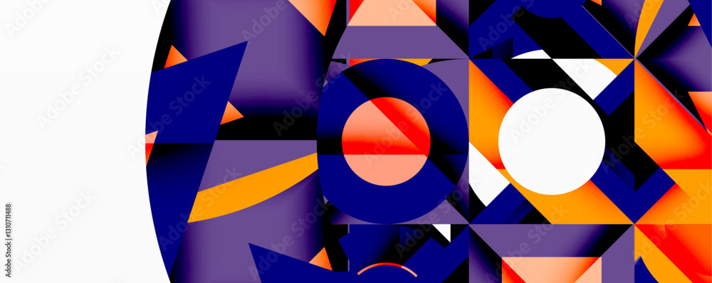 Poster Abstract geometric composition with interlocking circular and angular shapes, featuring smooth gradients and sharp contrasts on a white background