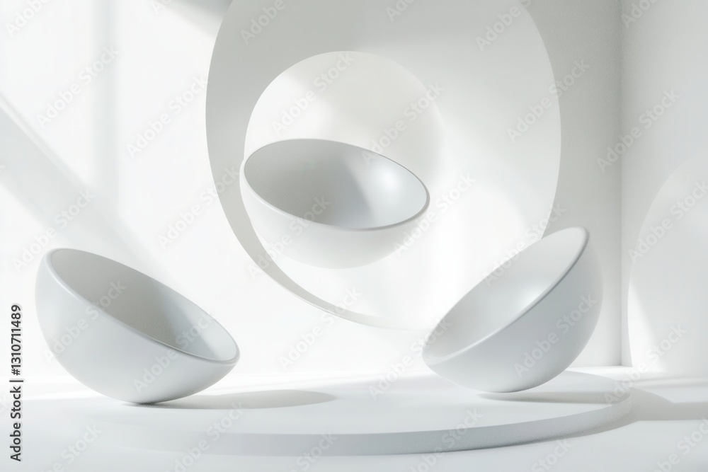 Poster Minimalist floating 3D shapes with soft shadows and reflections create an elegant futuristic design in a bright white environment