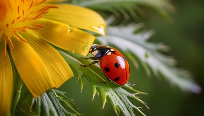 adonis garden close up image of a ladybug crawling on an adonis leaf showcasing details and vibrant colors in high fidelity