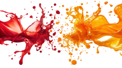 Vivid splashes of red and orange liquids collide, creating a dynamic and energetic visual against a white background.