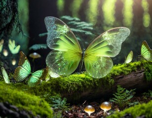 green butterfly, green moth, forest, nature, glowing, bokeh, backlight, mushrooms, mystical, fairy, fae, photo backdrop, background magical, butterfly, insect, green, summer, flower, ma