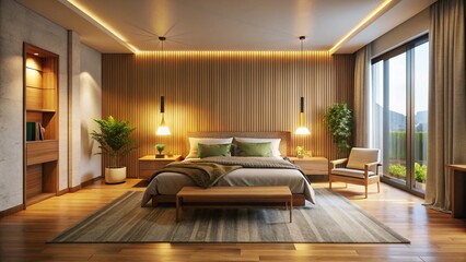 Fototapeta premium Modern Minimalist Bedroom Interior Design with Warm Lamp Light