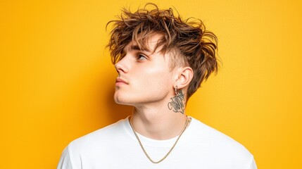 Young Man in White T Shirt  Yellow Background  Portrait  Fashion  Model